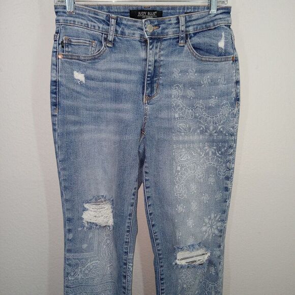 Judy Blue Maika Paisley Bandana Print Boyfriend Fit Jeans 26 Distressed - Picture 2 of 13